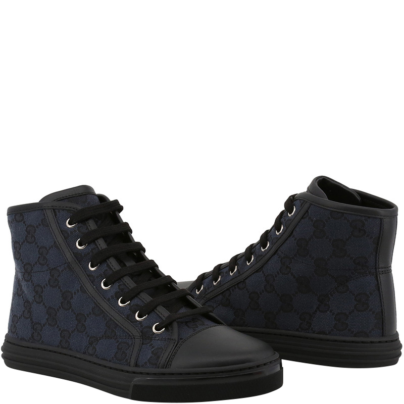 

Gucci Black/Blue GG Canvas and Leather Lace Up High Top Sneakers Size