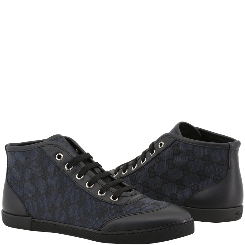 

Gucci Black/Blue GG Canvas and Leather Lace Up High Top Sneakers Size