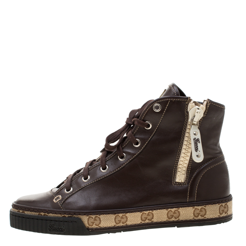 

Gucci Brown Leather Lace Up High Top Sneakers Size