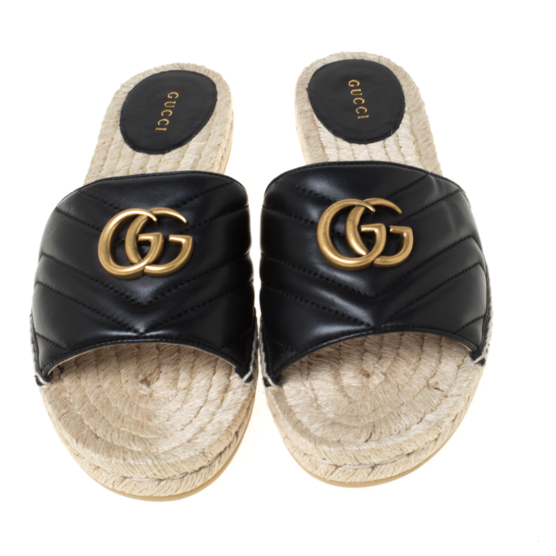 Gucci Black Leather GG Marmont Pilar Espadrilles Slides Size 40.5 Gucci ...