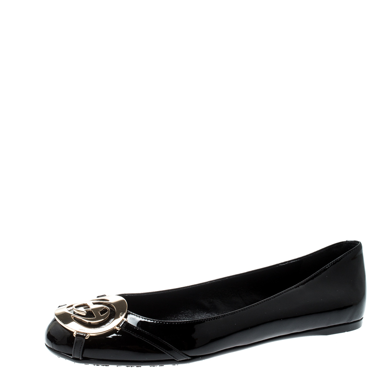 Pre Owned Gucci Black Patent Leather Metallic Cellarius Ballet Flats Size 35.5