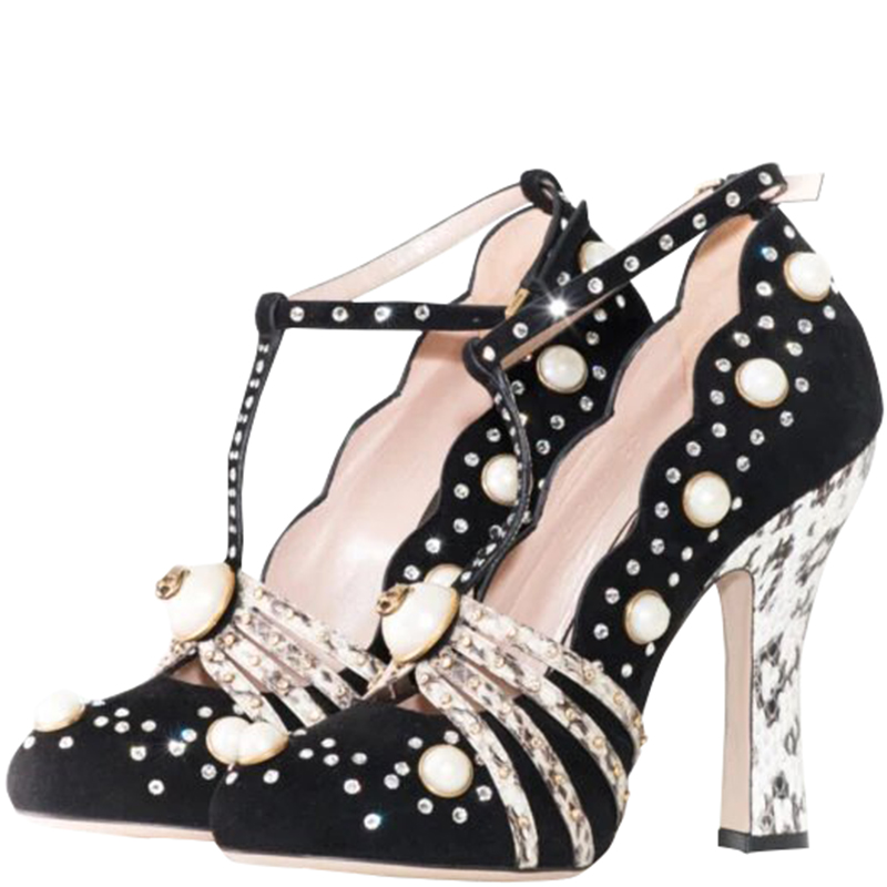 

Gucci Black Suede/Snakeskin Faux Pearl and Crystal Embellished Ofelia T Strap Pumps Size, Beige