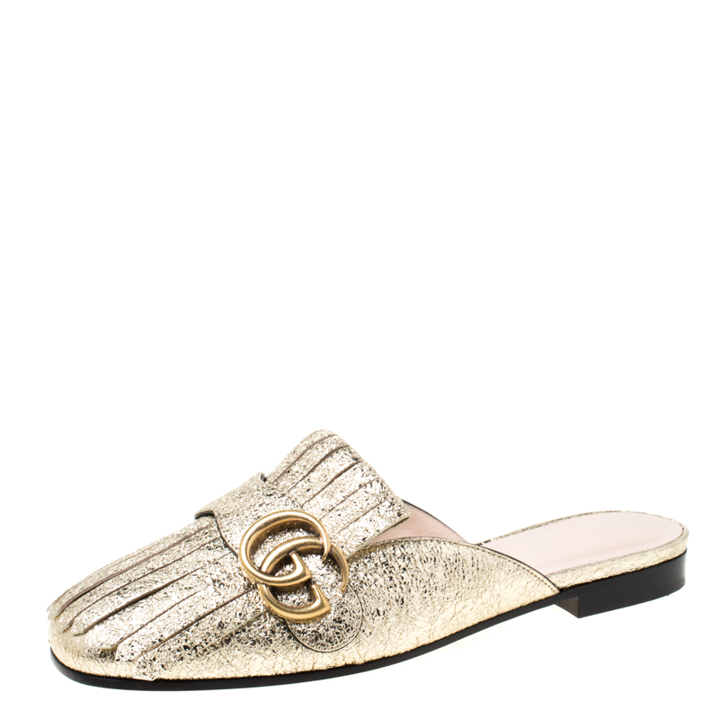 Gucci Metallic Gold Crackled Leather Marmont Fringed Flat Mules Size 39
