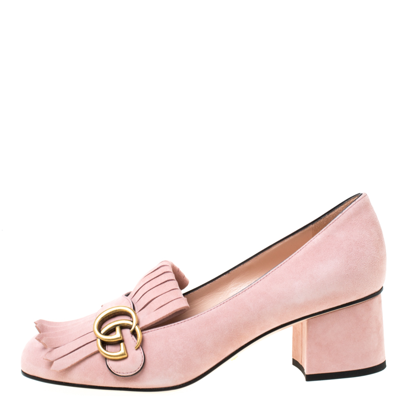 

Gucci Crystal Pink Suede GG Marmont Block Heel Pumps Size