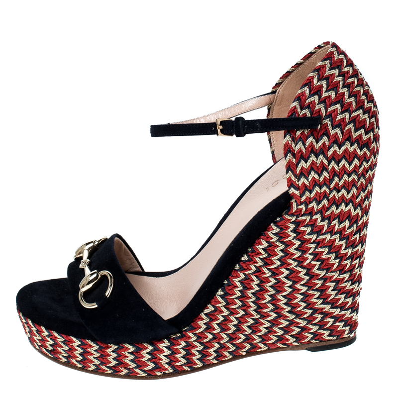 

Gucci Black Suede And Jute Carolina Horsebit Espadrille Wedge Platform Ankle Strap Sandals Size