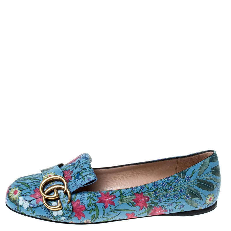 

Gucci Multicolor Floral Print Leather GG Marmont Fringe Detail Ballet Flats Size