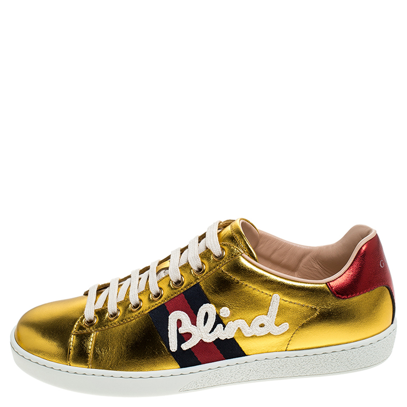 

Gucci Metallic Gold Ace Blind For Love Lace Up Sneakers Size