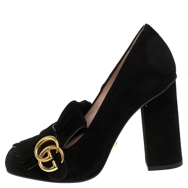 

Gucci Black Suede GG Marmont Fringe Detail Block Heel Pumps Size
