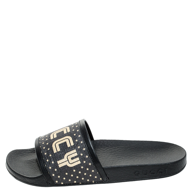 

Gucci Black/Gold Coated Canvas Guccy Slip On Slides Size