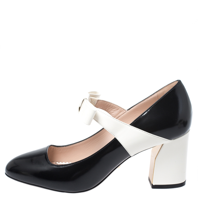 

Gucci Black Leather And White Patent Bow Block Heel Round Toe Pumps Size