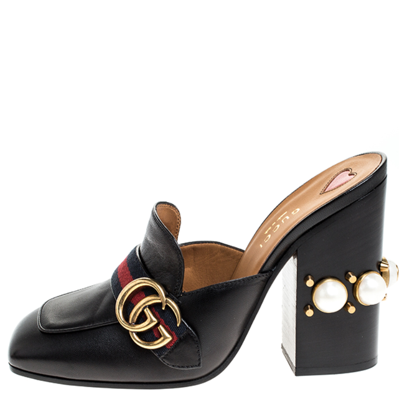 

Gucci Black Leather Peyton GG Web Detail Pearl Studded Mules Size