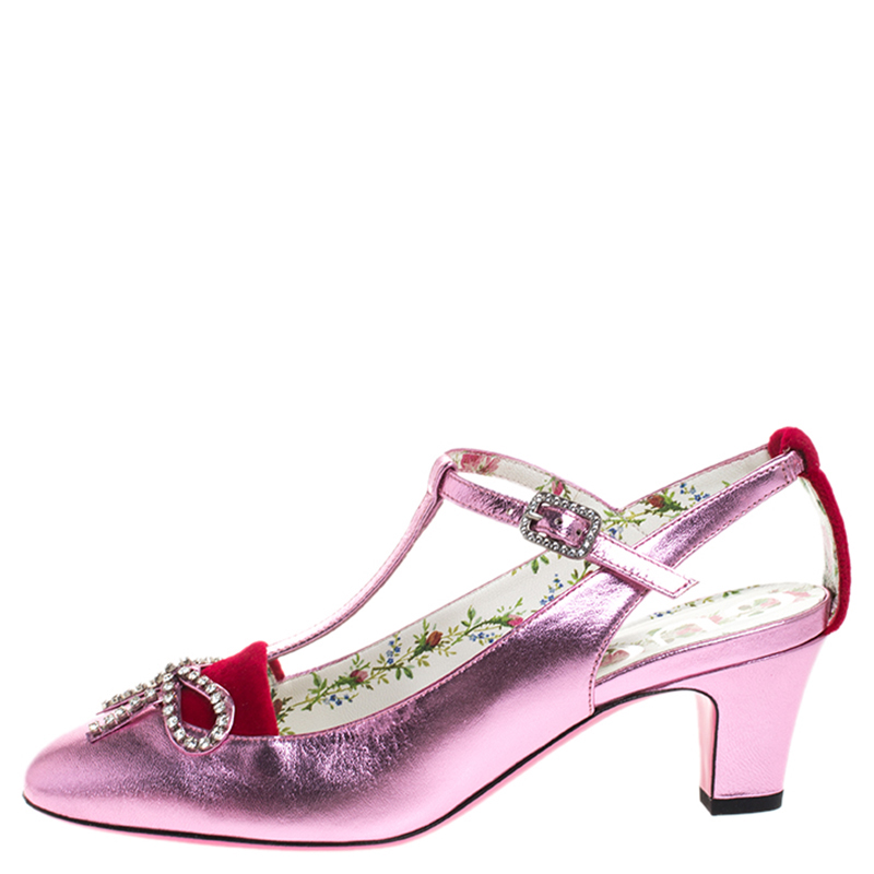 

Gucci Metallic Pink Leather And Red Suede Anita Pumps Size