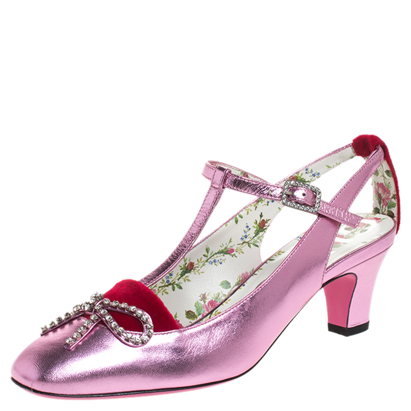 Pre Owned Gucci Metallic Pink Leather And Red Suede Anita Pumps Size 36
