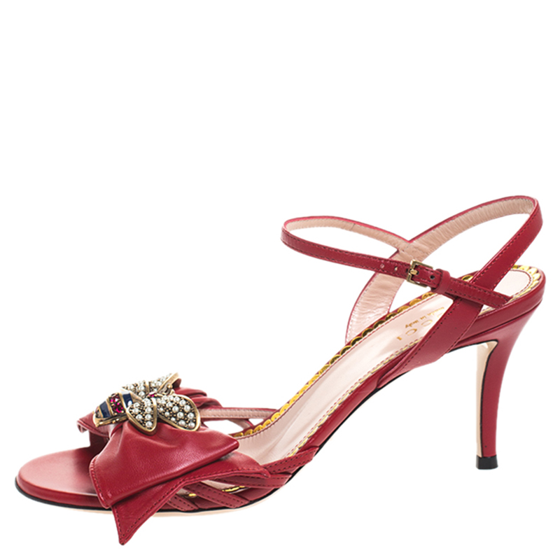 

Gucci Red Leather Queen Margaret Bow Ankle Strap Sandals Size