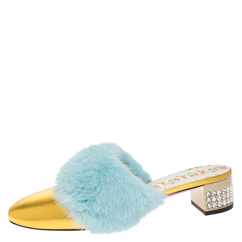 

Gucci Metallic Gold Leather and Blue Mink Fur Slide Sandals Size
