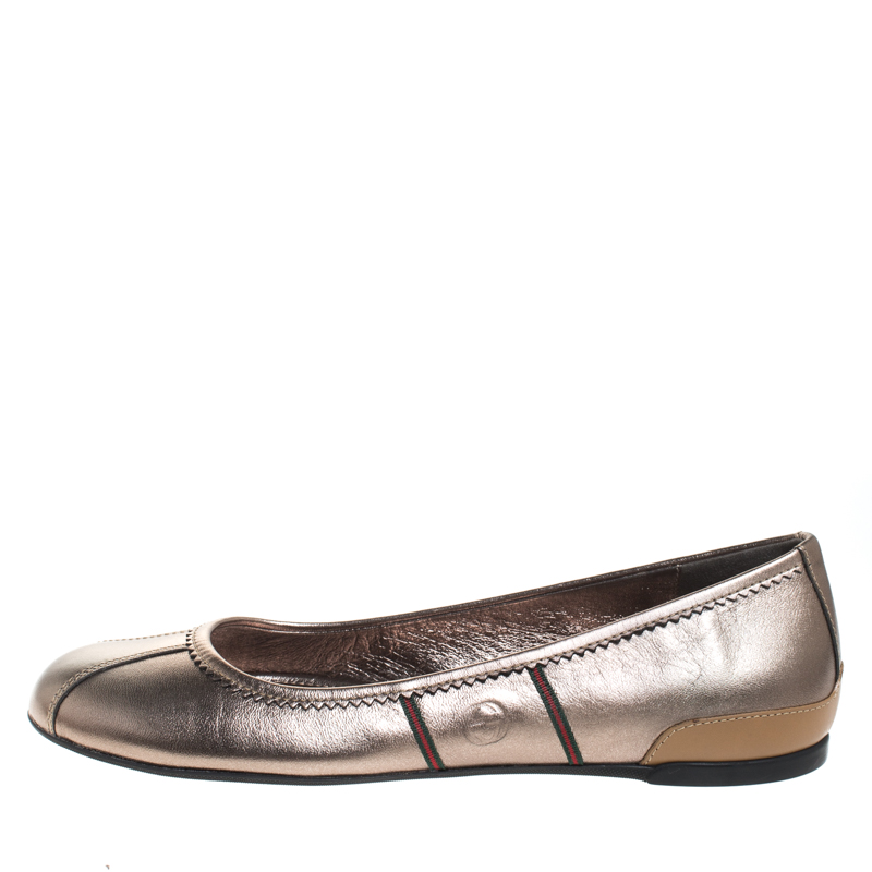 

Gucci Metallic Grey And Tan Leather Ballet Flats Size, Brown