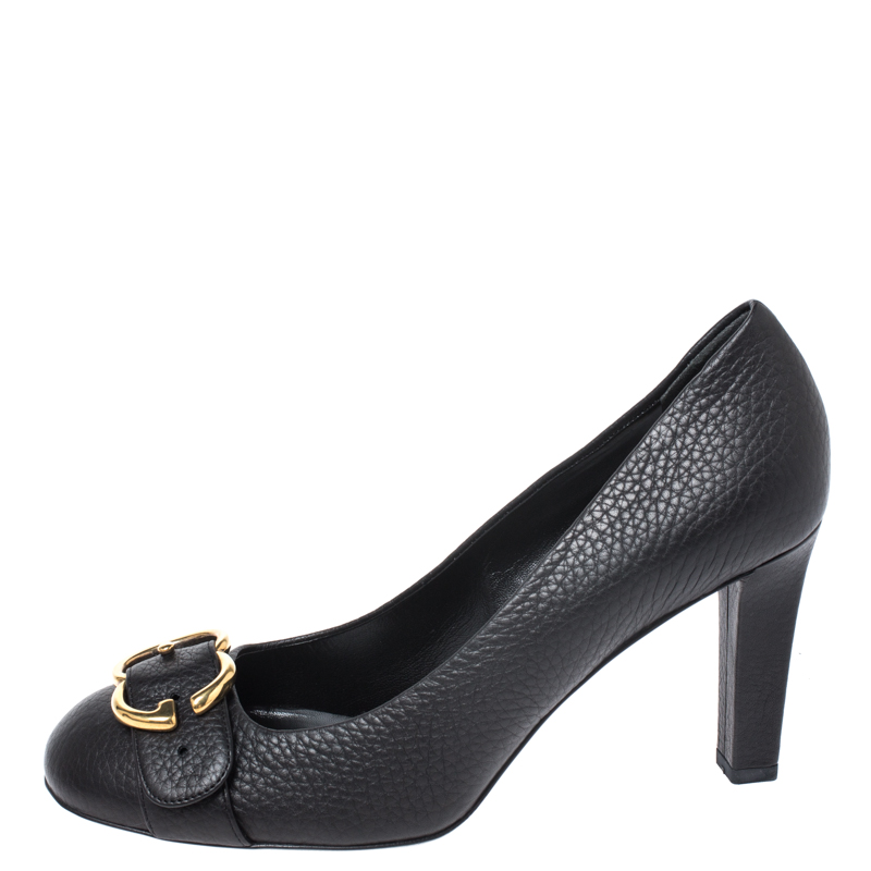 

Gucci Black textured Leather Sachalin Buckle Detail Round Toe Pumps Flats Size