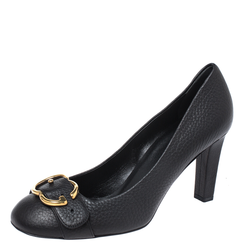 مملوكة مسبقًا Gucci Black textured Leather Sachalin Buckle Detail Round Toe Pumps Flats Size 38.5