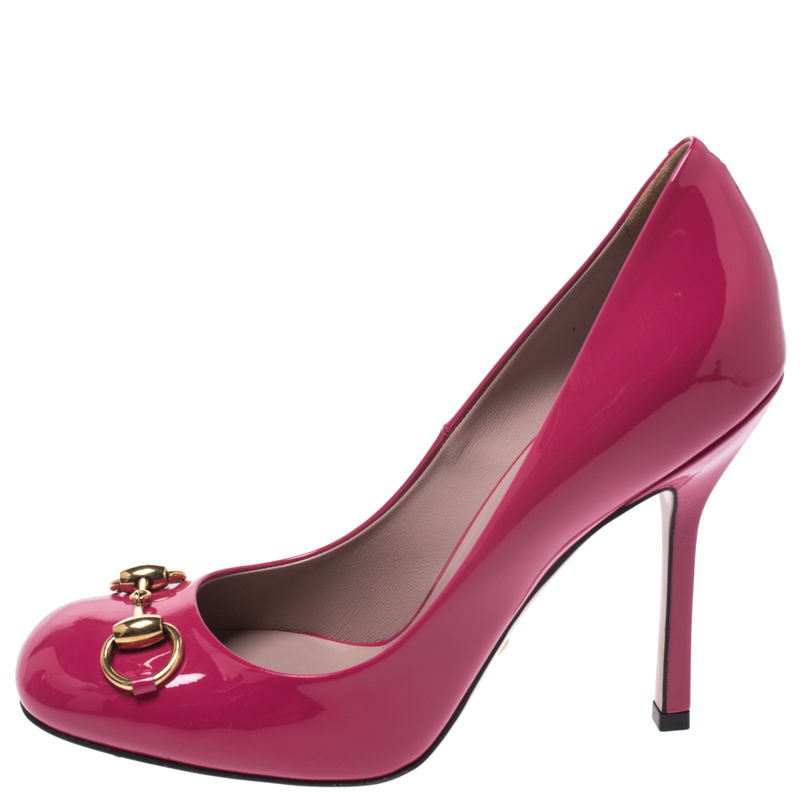 

Gucci Magenta Patent Leather Jolene Horsebit Pumps Size, Pink