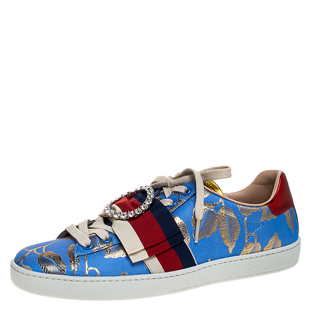 Gucci Blue Brocade Fabric Ace Web Crystal Embellished Low Top Sneakers Size 39