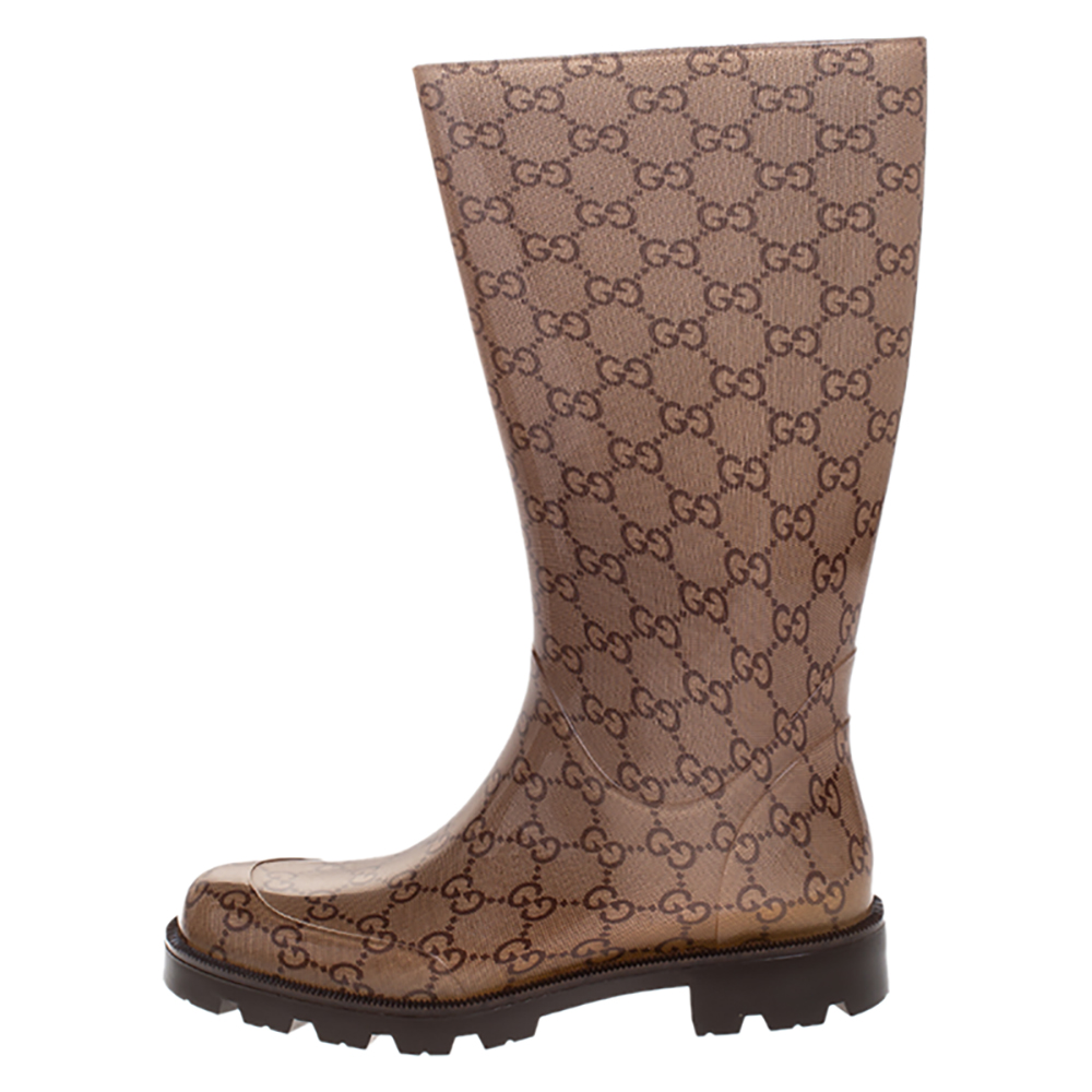 

Gucci Brown GG Rubber Edimburg Rain Boots Size