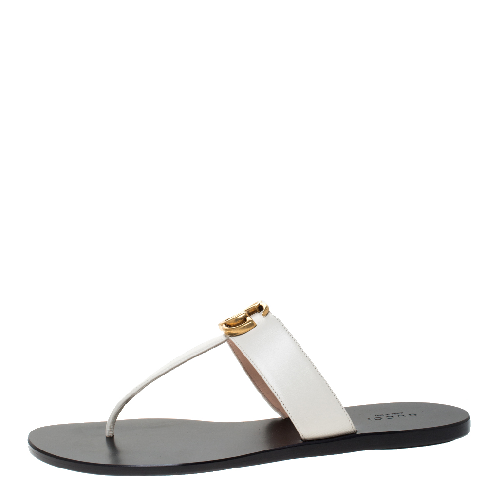 

Gucci White Leather GG Marmont Thong Sandals Size