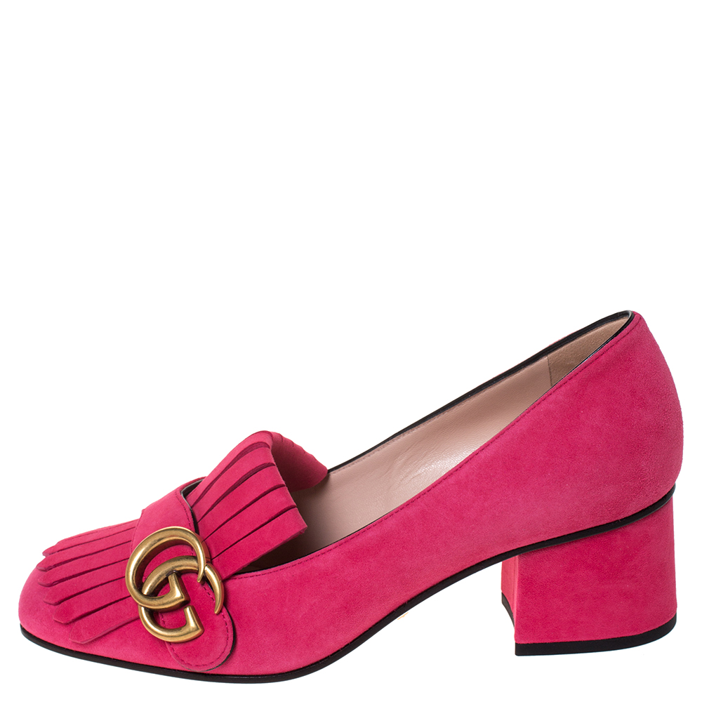 

Gucci Hot Pink Suede Marmont Fringe Detail Pumps Size