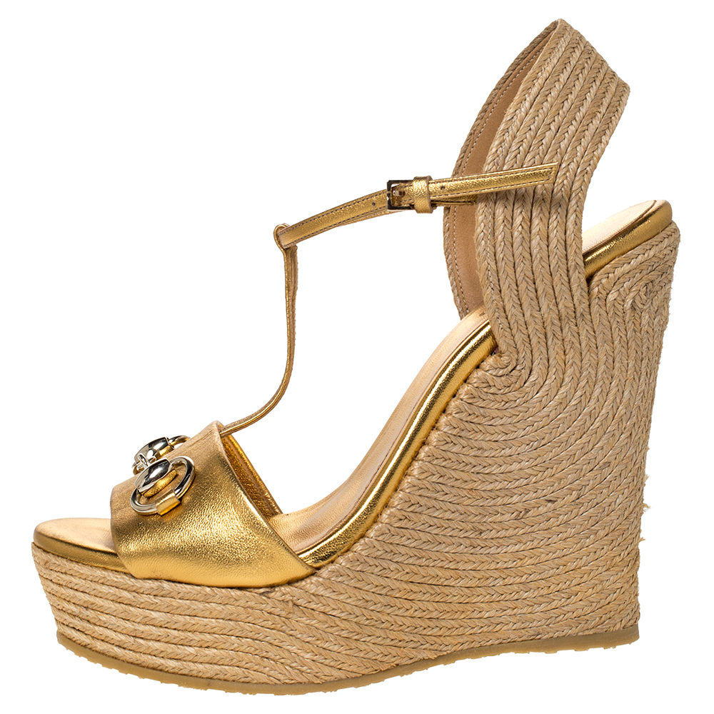 

Gucci Metallic Gold Leather Horsebit Wedge Platform Espadrille Sandals Size