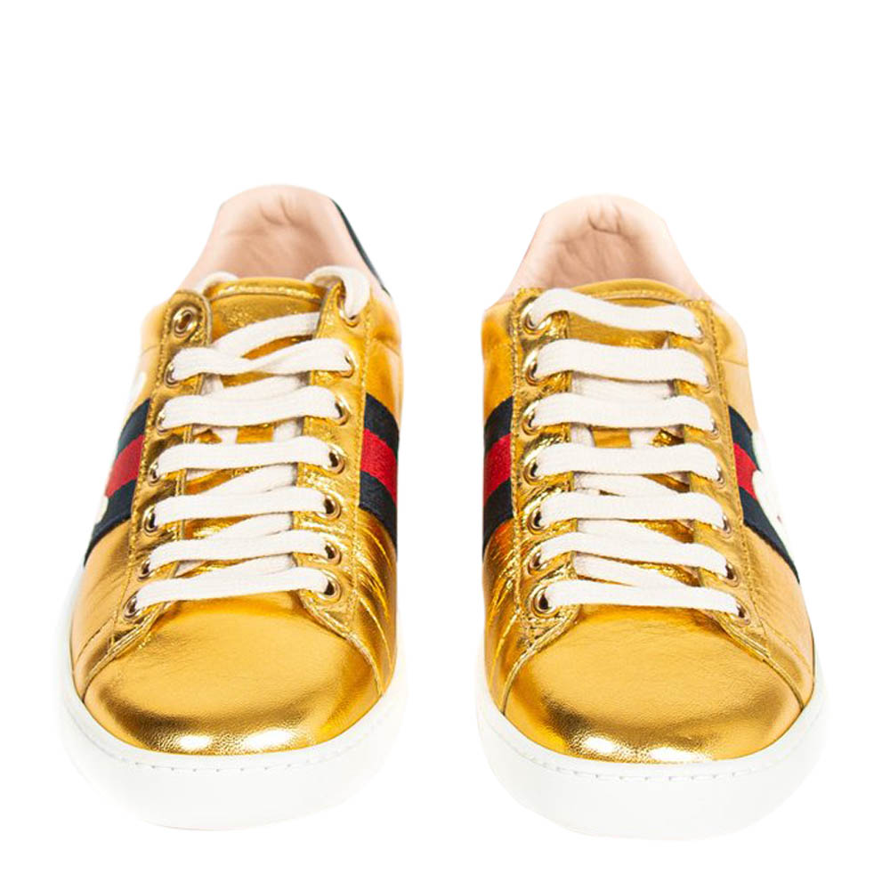 Gucci Gold Leather Ace Blind For Love Embroidered Sneaker Size 37