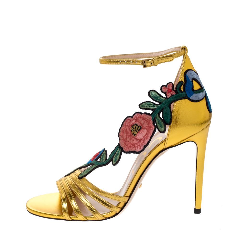 

Gucci Gold Leather Ophelia Flower Embroidered Strappy Sandals Size, Metallic