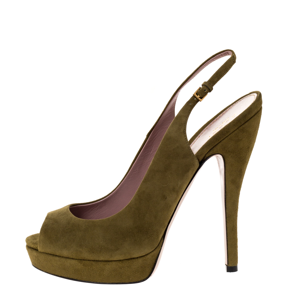 

Gucci Green Suede Leather Platform Slingback Sandals Size