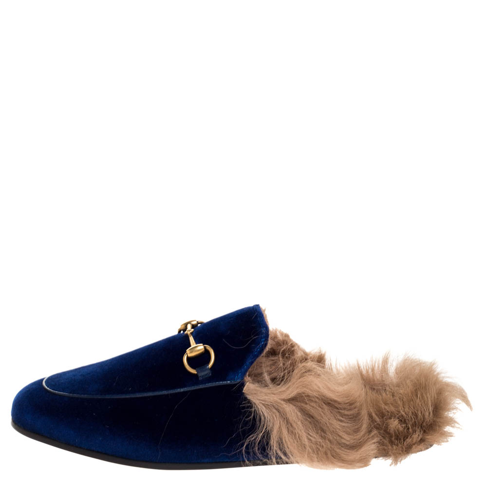 

Gucci Blue Velvet And Fur Princetown Horsebit Loafer Slides Size