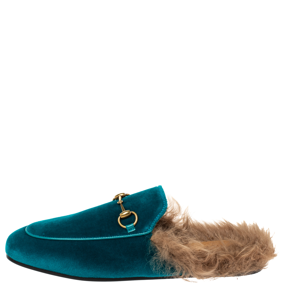 

Gucci Green/Brown Velvet and Fur Lined Princetown Flat Mule Size