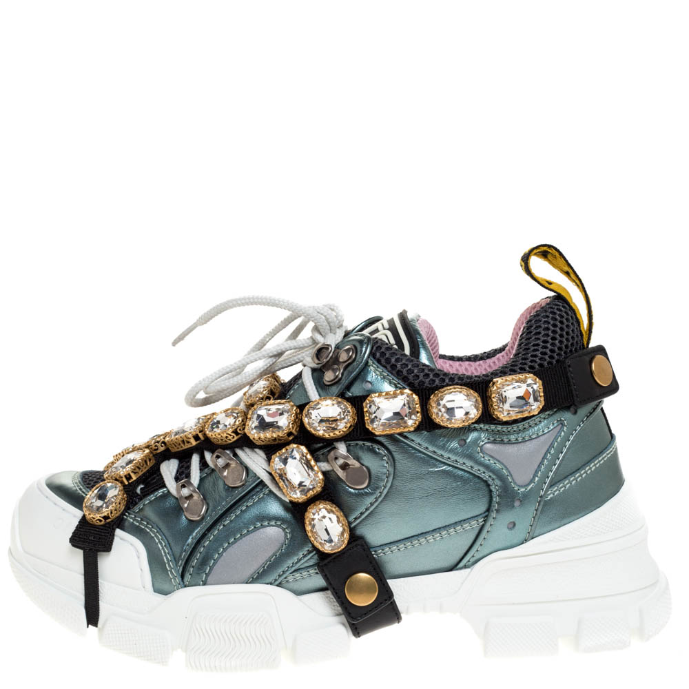 

Gucci Metallic Leather and Mesh Flashtrek Removable Crystals Sneakers Size