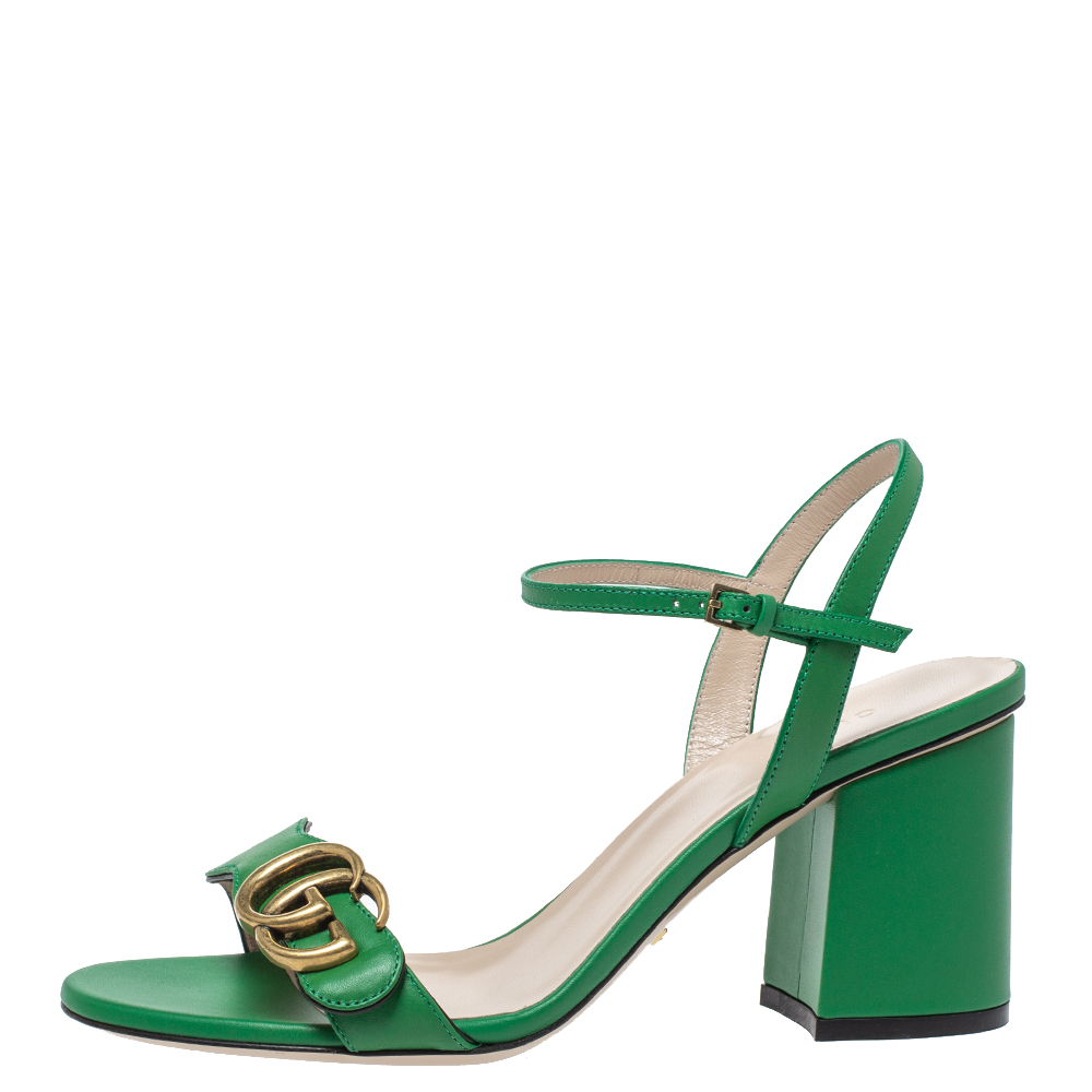 

Gucci Green Leather GG Marmont Block Heel Ankle Strap Sandals Size