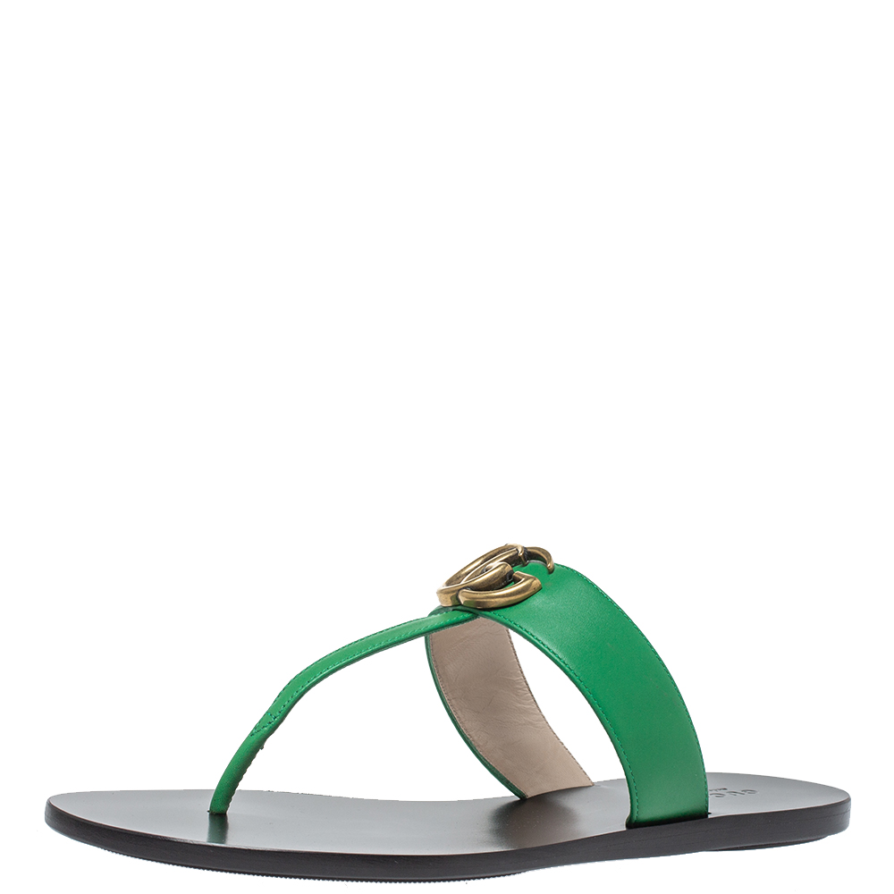 Pre Owned Gucci Green Leather GG Thong Flats Size 39