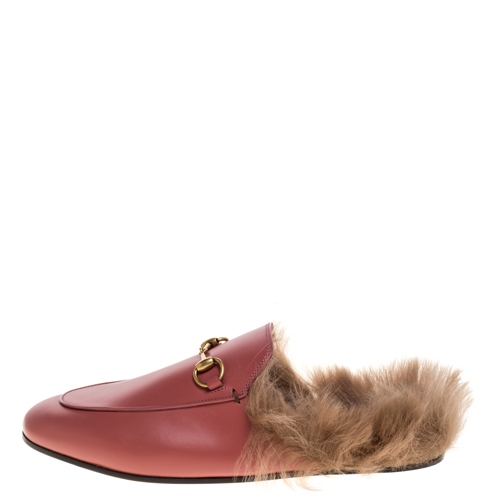 

Gucci Rose Pink Leather Fur Lined Princetown Flat Mule Loafers Size