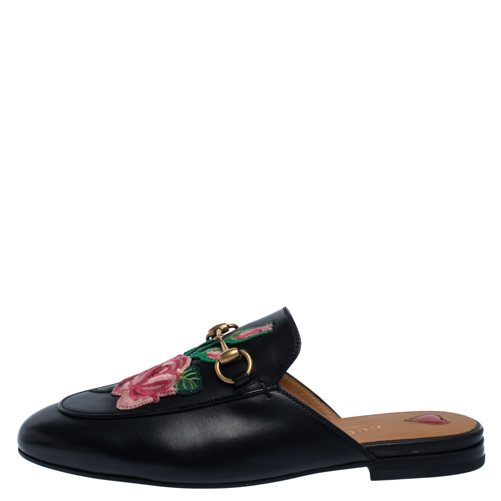 

Gucci Black Leather Princetown Flower Embroidered Flat Mules Size