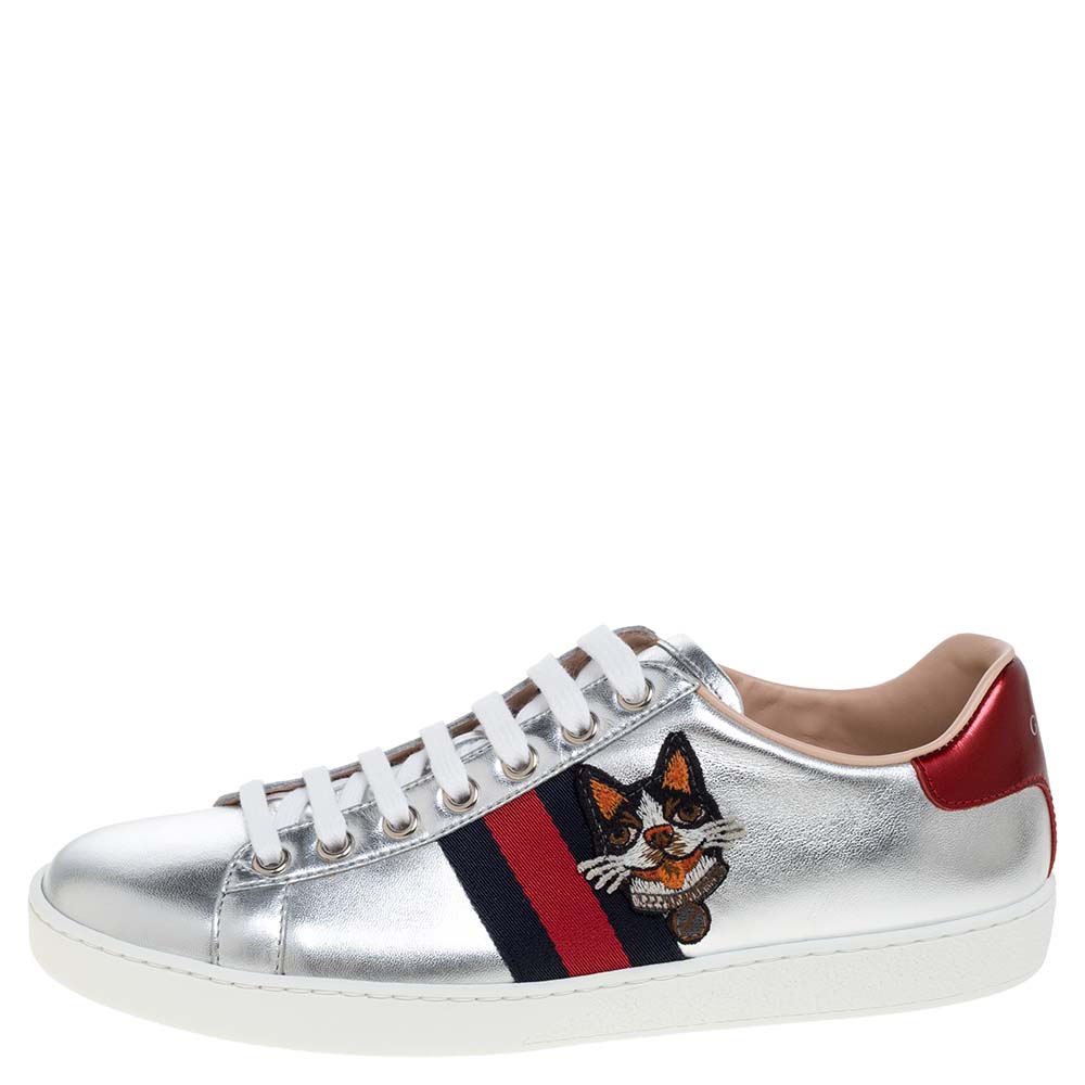 

Gucci Silver Leather Ace Embroidered Web Low Top Sneakers Size