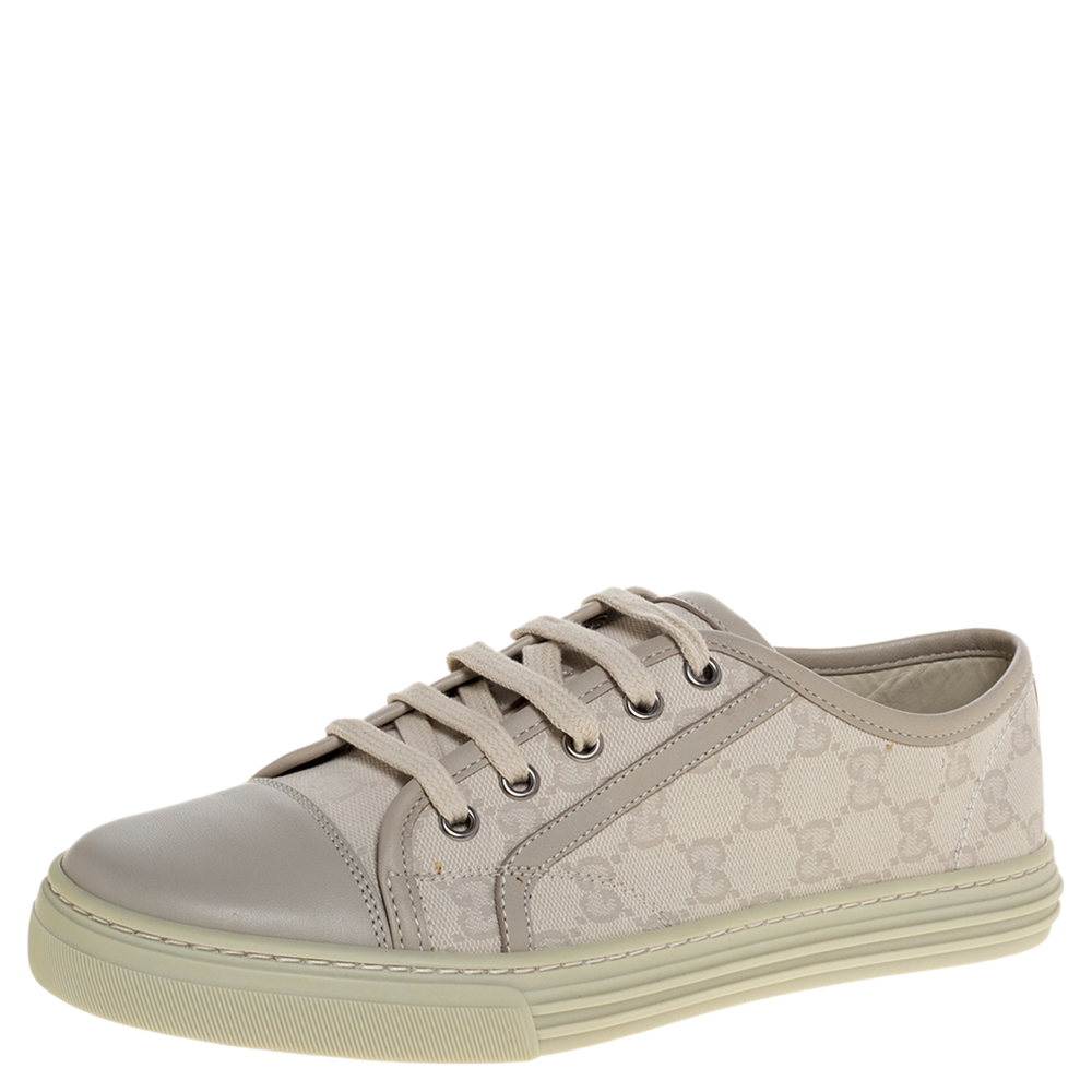 GUCCI LIGHT GREY GG CANVAS AND LEATHER LOW TOP SNEAKERS SIZE 37.5