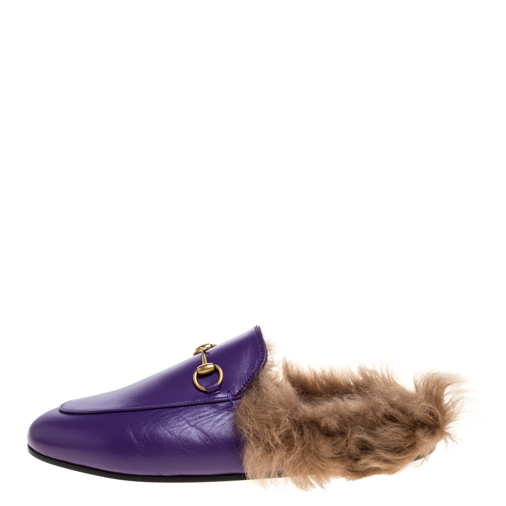 

Gucci Violet Leather and Fur Lined Princetown Flat Mules Size, Purple