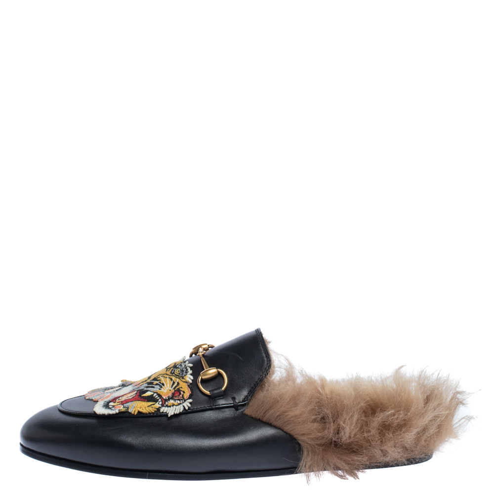 

Gucci Black Tiger Embroidered Leather and Fur Lined Princetown Flat Mule Size