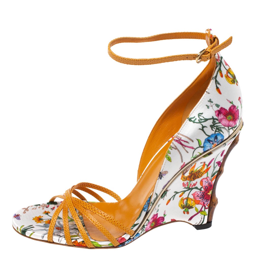 

Gucci Multicolor Floral Print Satin and Lizard Bamboo Wedge Sandals Size