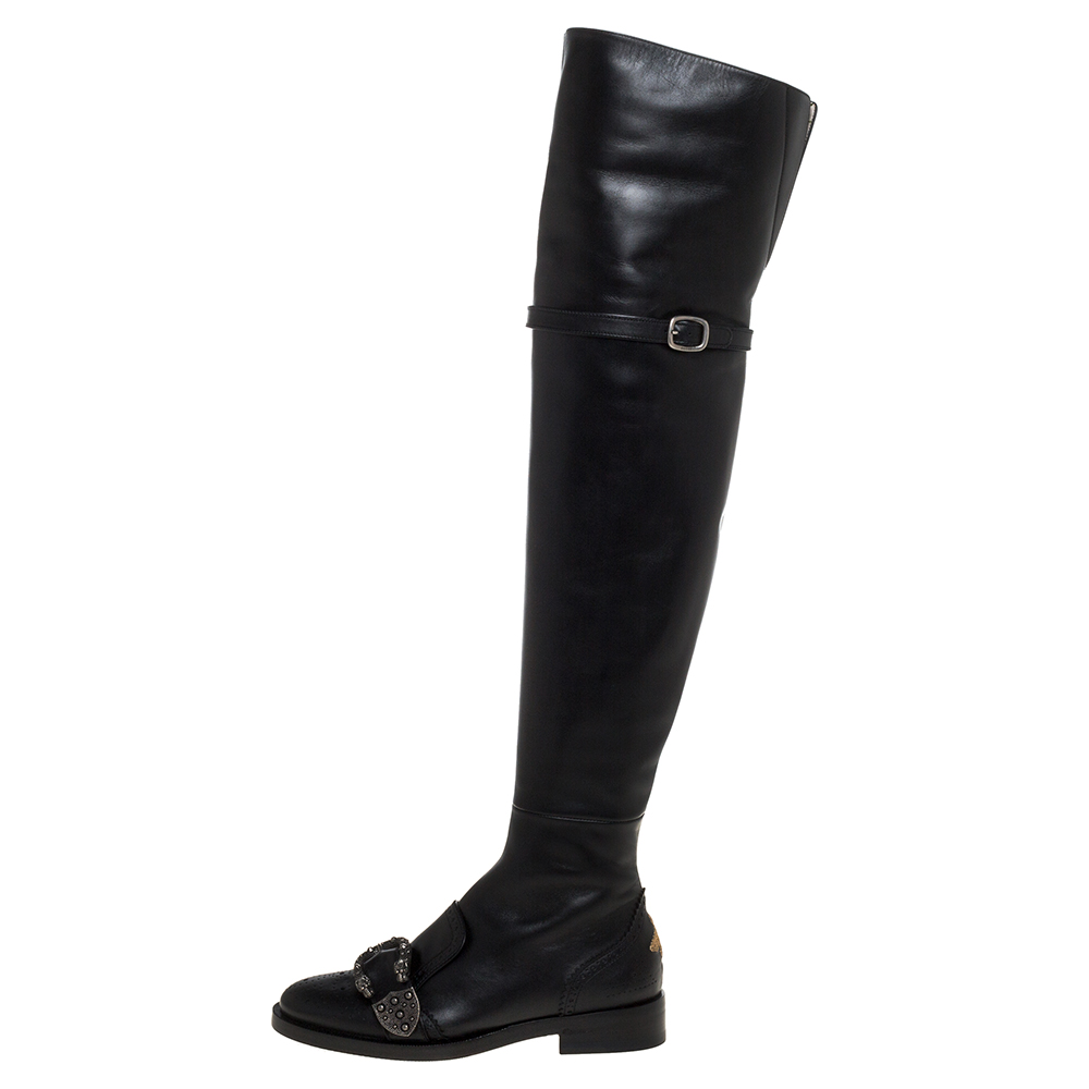 

Gucci Black Brogue Leather Embroidered Bee Dionysus Knee Length Boots Size