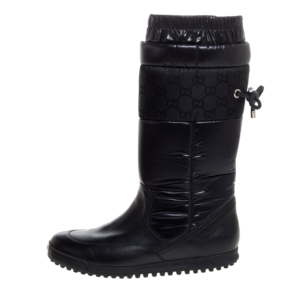 

Gucci Dark Blue Leather And GG Nylon Fabric Scrunch Knee High Winter Boots Size