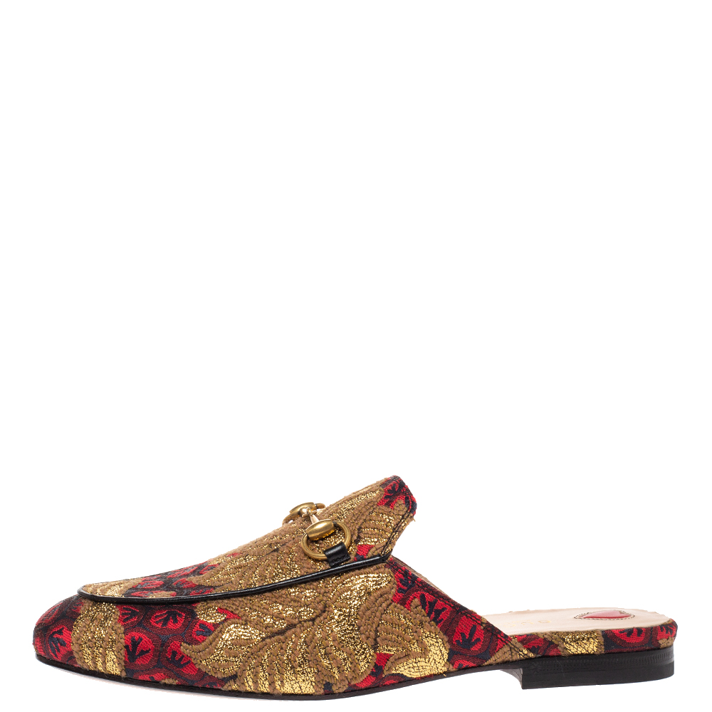 

Gucci Multicolor Brocade Fabric Princetown Flat Mules Size, Gold