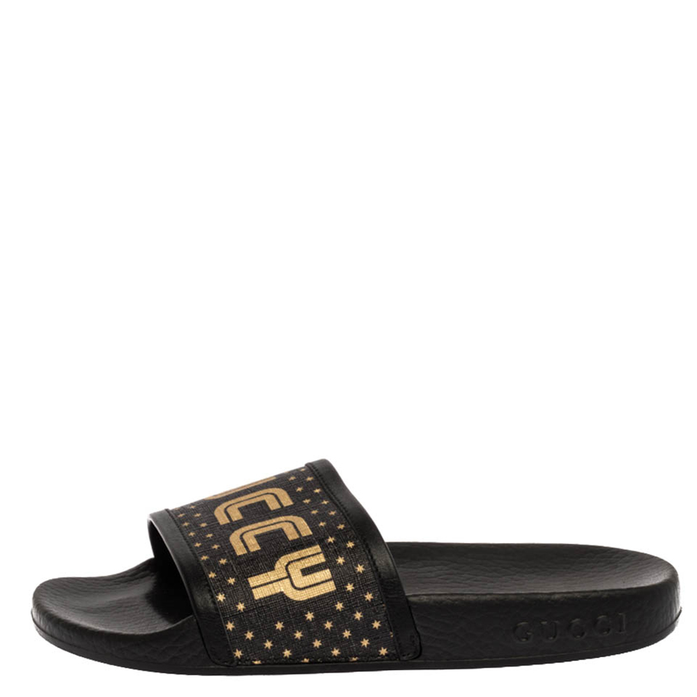 

Gucci Black 'Guccy Star' Print Canvas And Leather Trim Flat Slides Size