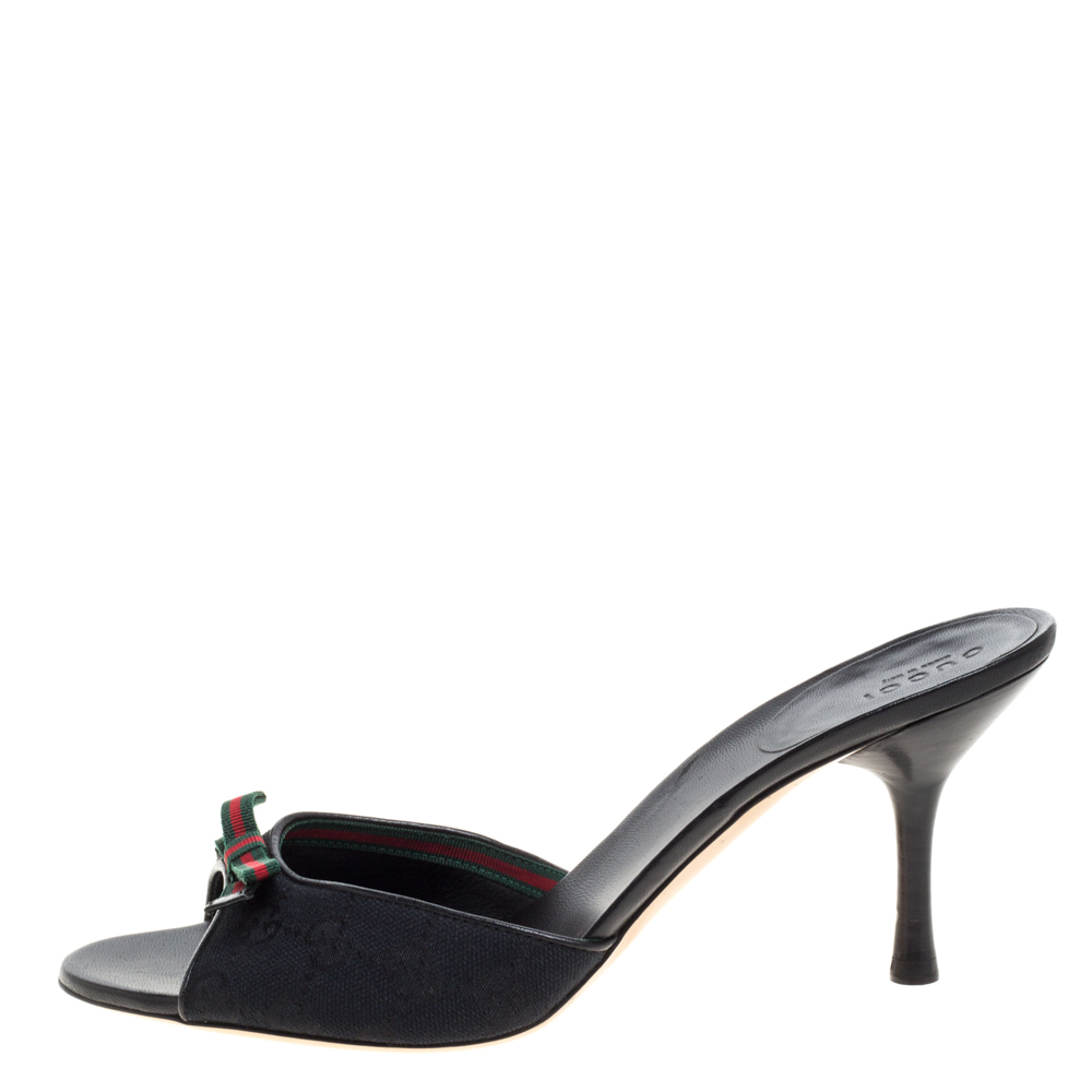 

Gucci Black Canvas Web Bow Open Toe Sandals Size