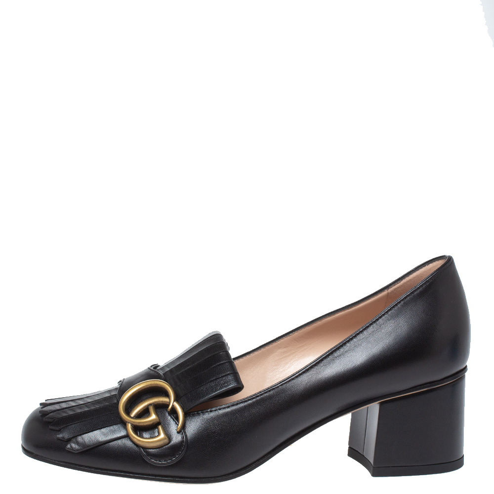 

Gucci Black Leather GG Marmont Fringe Block Heel Pumps Size