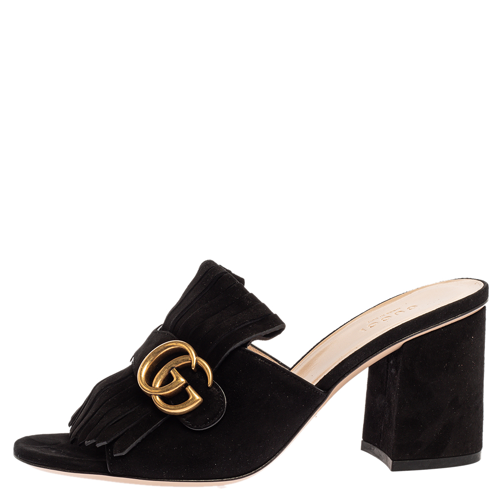 

Gucci Black Suede GG Marmont Fringed Slide Sandals Size